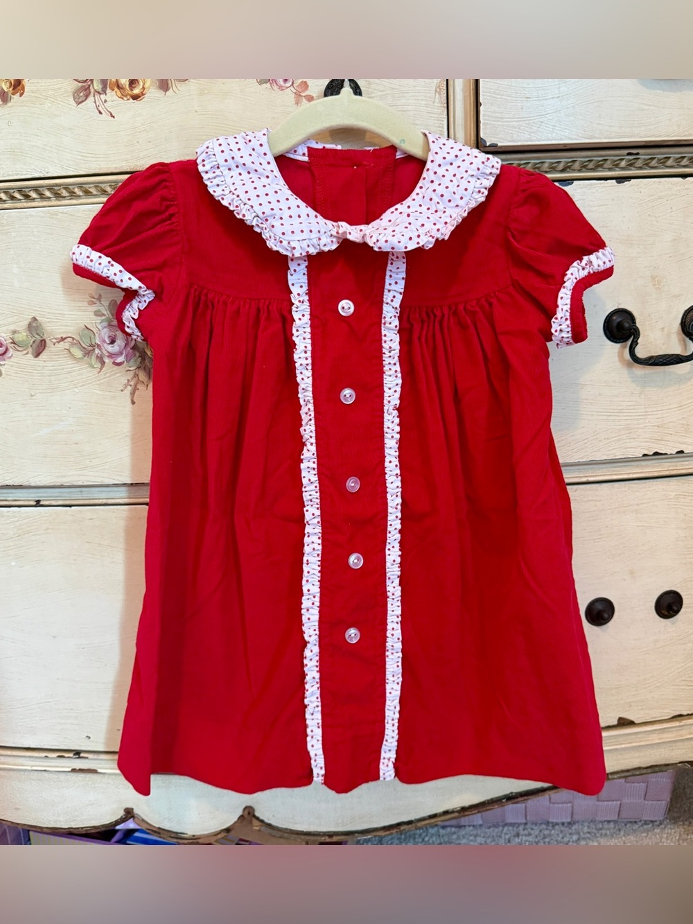 Girls Red Polka-Trim Button Front Corduroy Dress